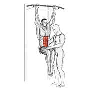 Asistido hanging knee elevación with throw down